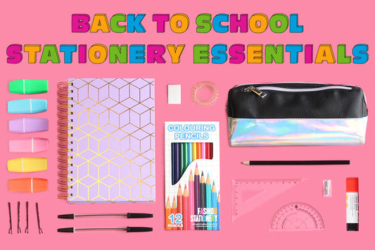 Layout image of different stationery like notebooks, highlighters, colouring pencils & pencil cases with the title Back to School Essentials