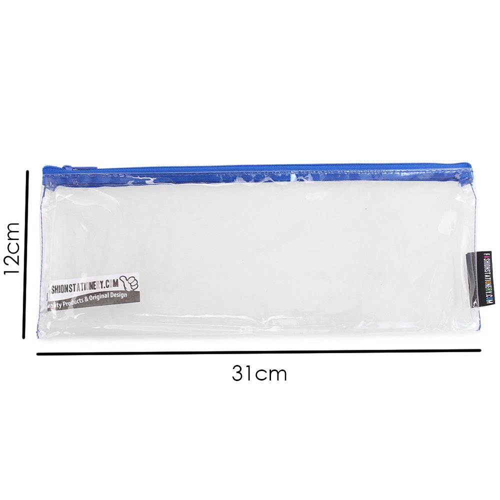 large clear flat exam pencil case blue zip