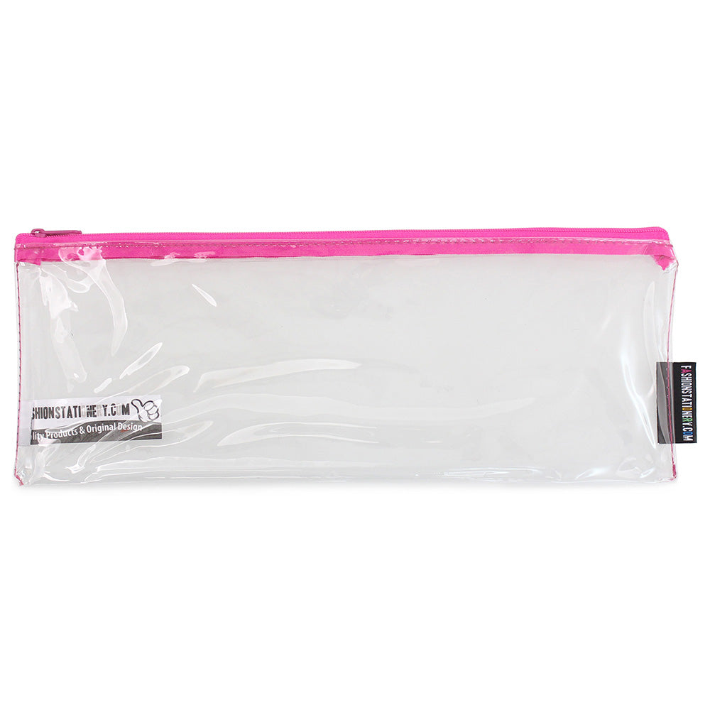 large clear flat exam pencil case pink zip