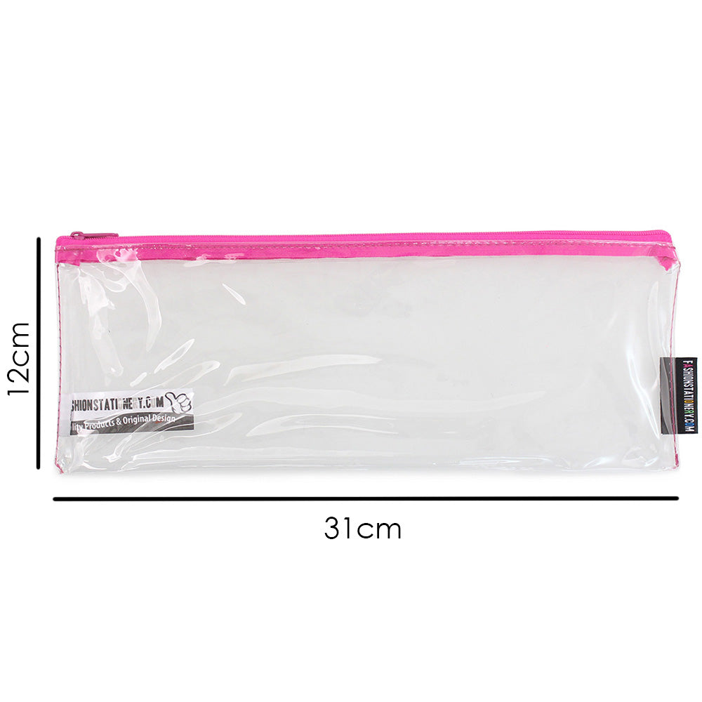 large clear flat exam pencil case pink zip