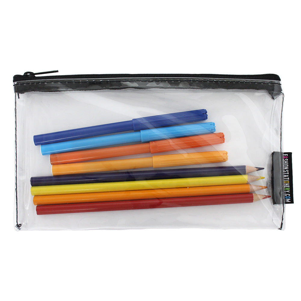 small clear flat exam pencil case black zip