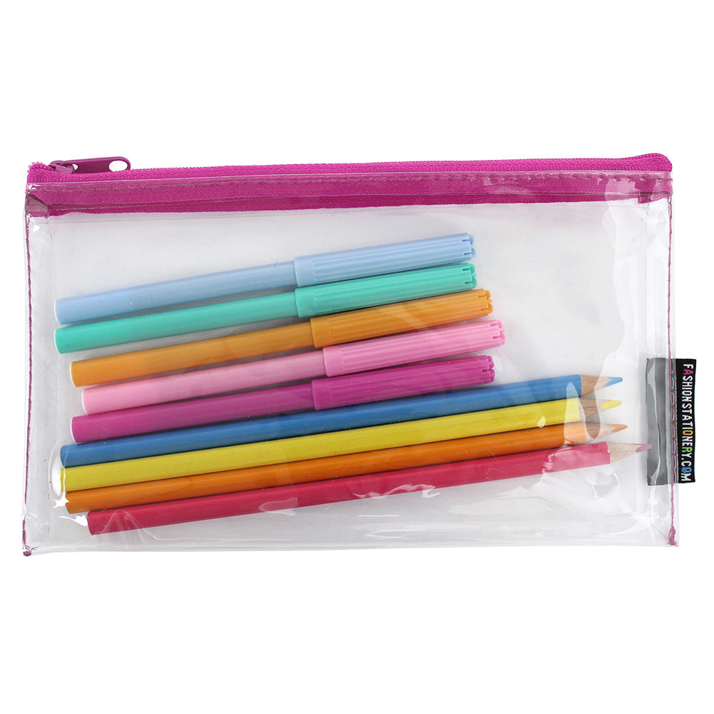 small clear flat exam pencil case pink zip