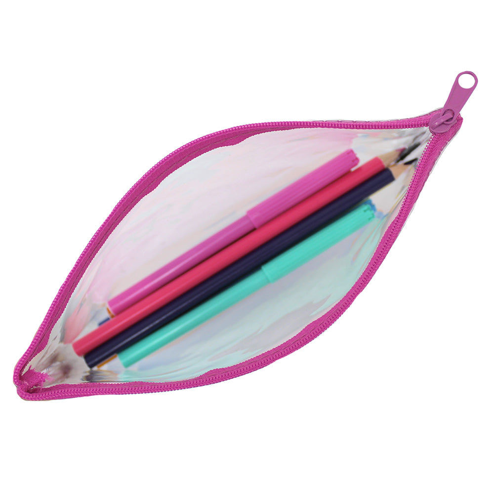 small clear flat exam pencil case pink zip