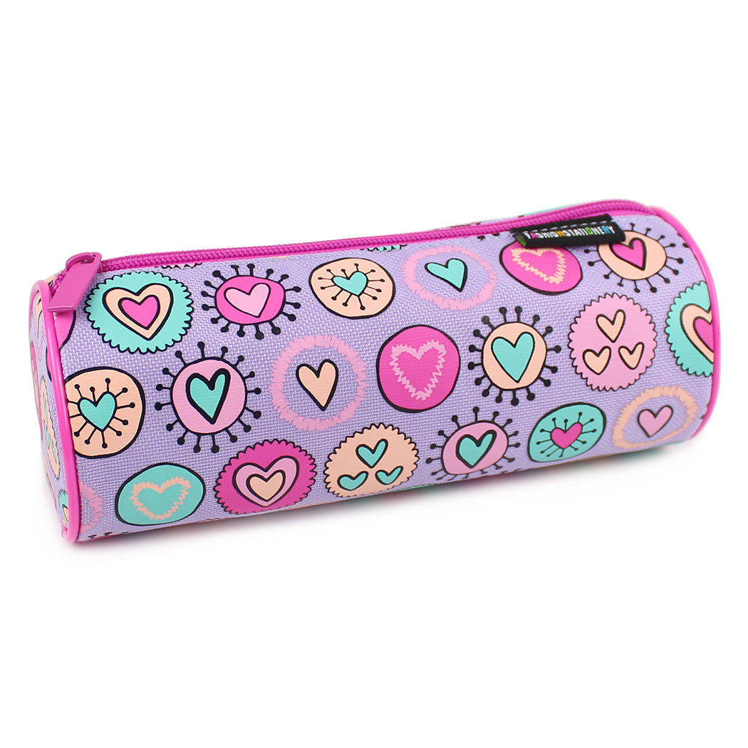 Lilac pink hearts barrel pencil case girls school