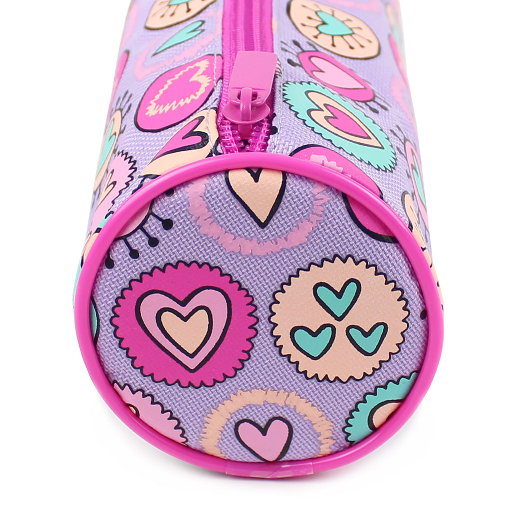 Lilac pink hearts barrel pencil case girls school