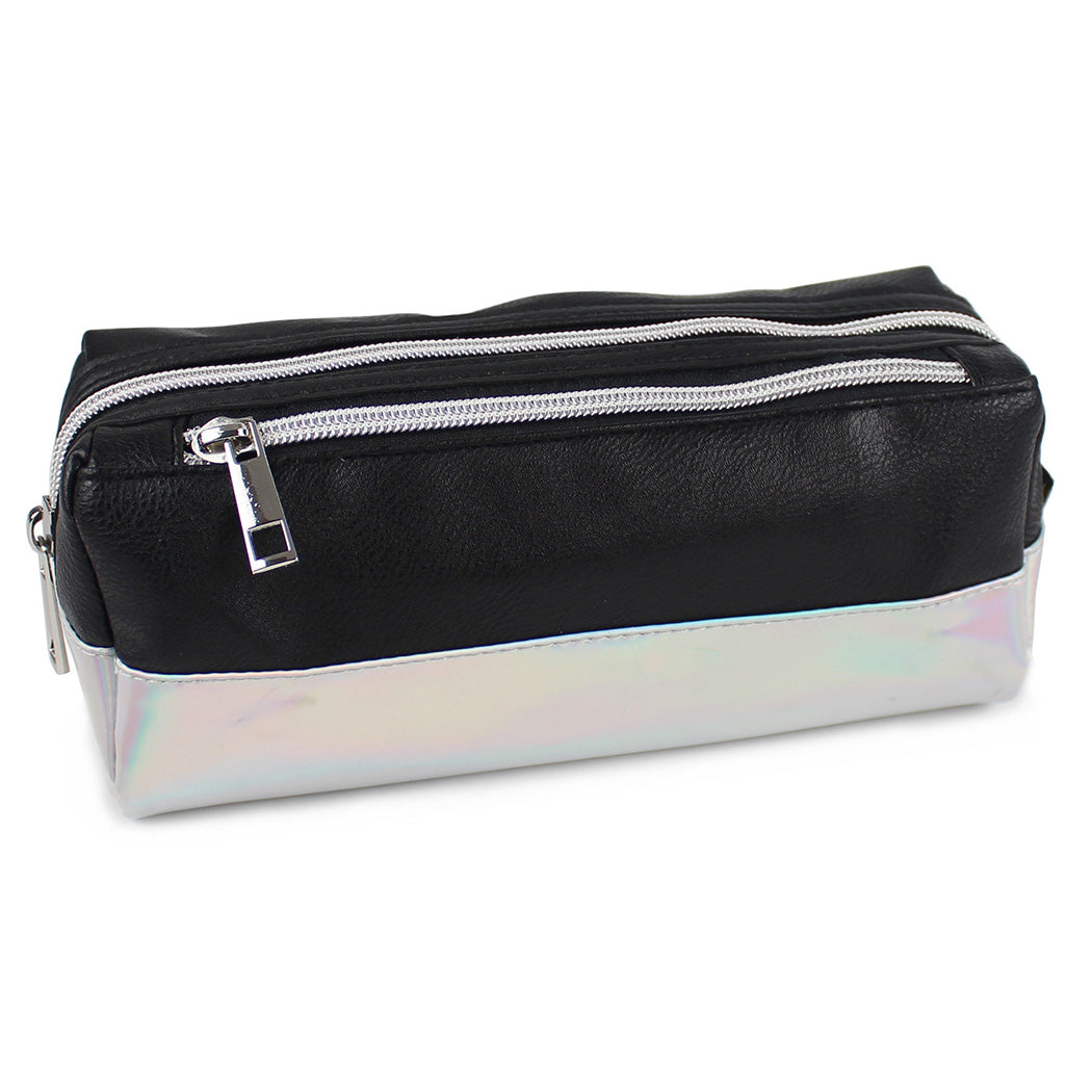 black large capacity pencil case iridescent panel 2 zips