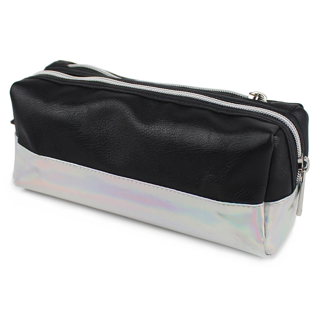 black large capacity pencil case iridescent panel 2 zips