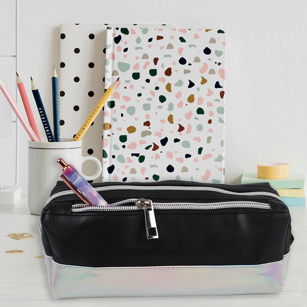 black large capacity pencil case iridescent panel 2 zips