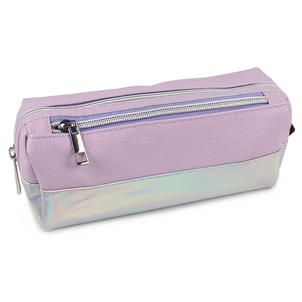 lilac large capacity pencil case iridescent panel 2 zips