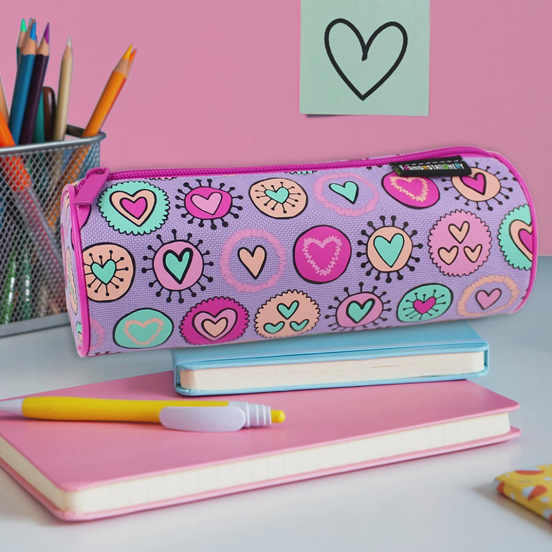 Lilac pink hearts barrel pencil case girls school