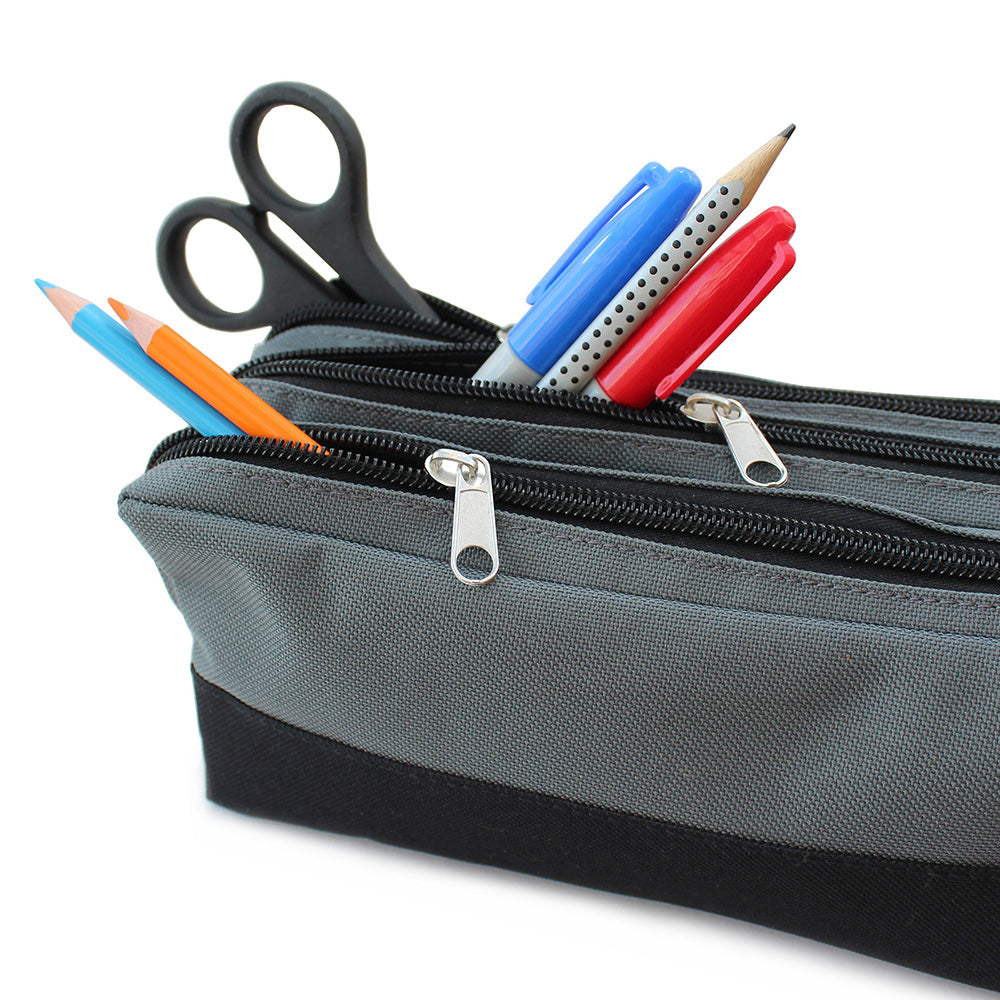 grey black 3 zips large capacity pencil case boys girls